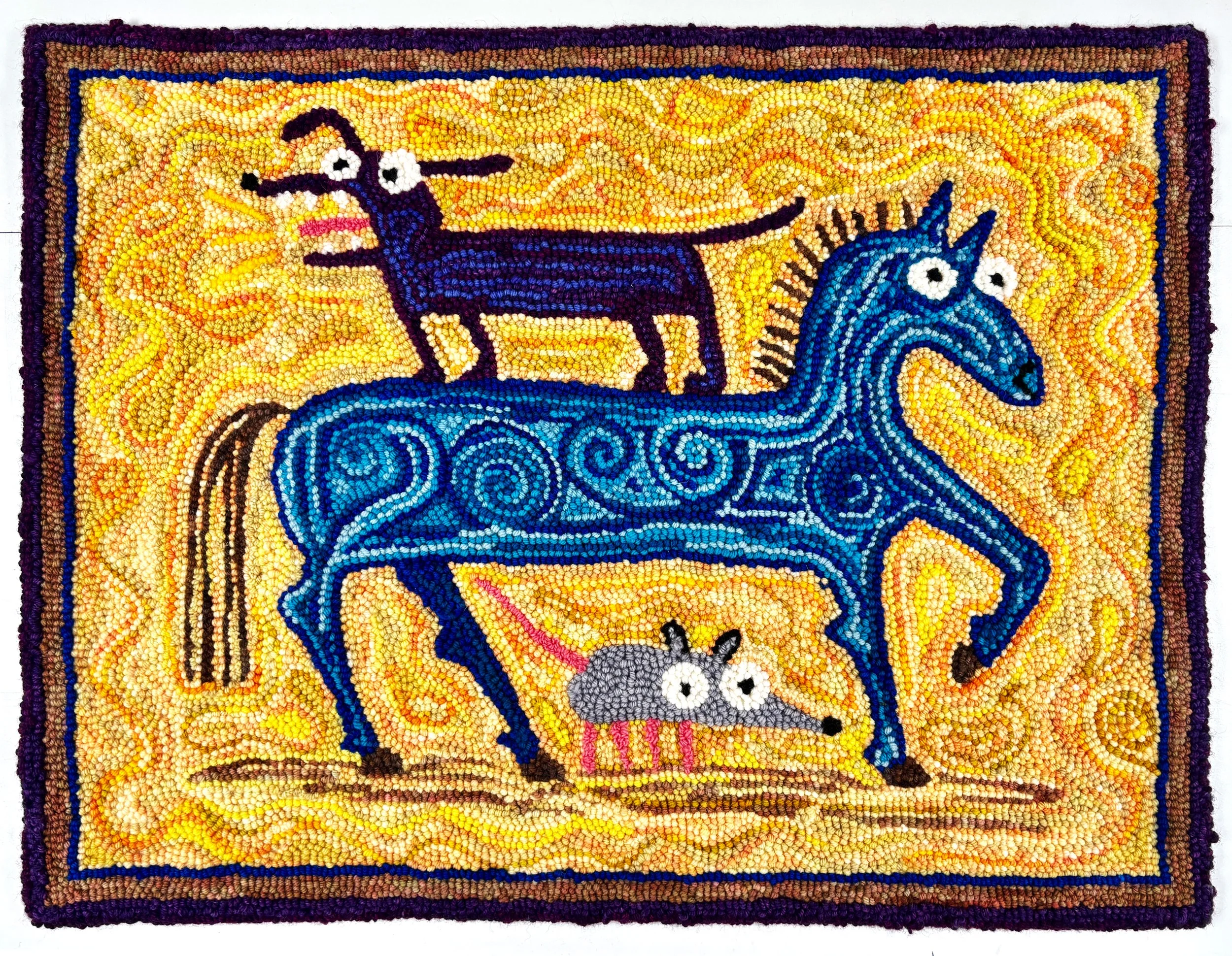   blue horse, dog and possum . 28” x 37”. Wool. 