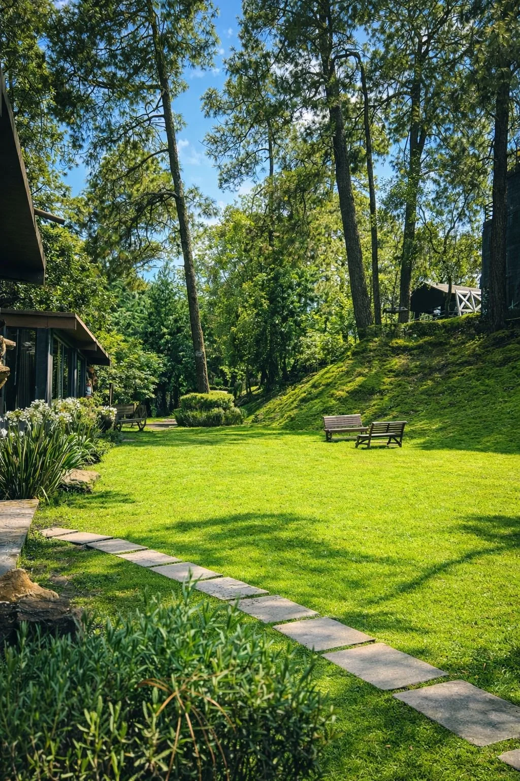 Área al aire libre iluminada con luces, mesas y sillas en un jardín rodeado de árboles en la noche.