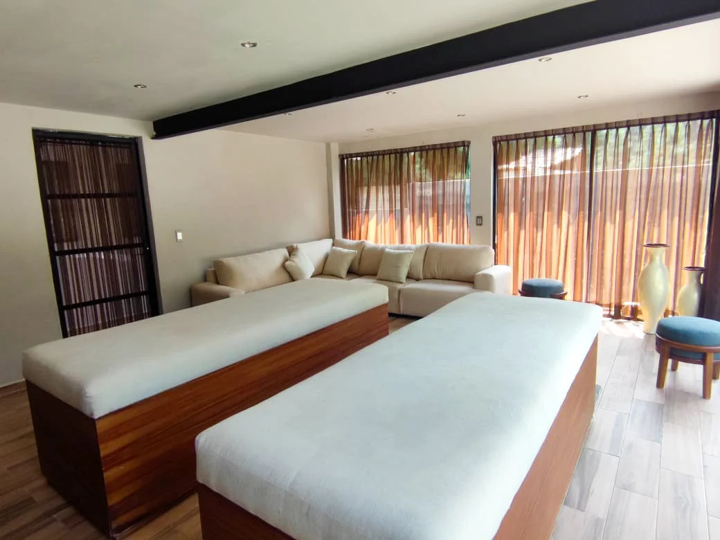 Habitación con camas, sofá beige y cortinas de color marrón, con ventanas que dejan entrar luz natural y decoración con jarrones grandes.