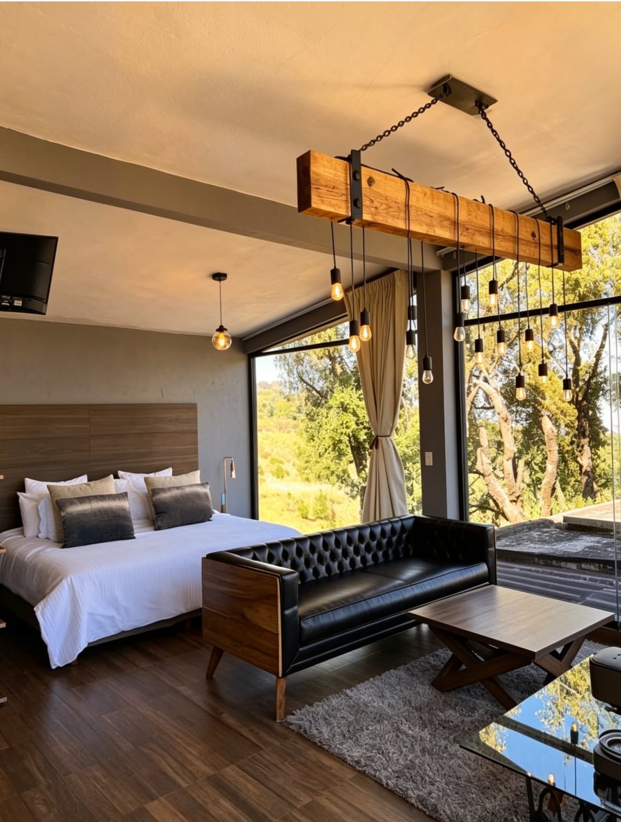 Habitación moderna con cama grande, sillón negro de cuero, mesa de madera, lámparas de diseño en el techo, paredes de cristal con vista a árboles y naturaleza.