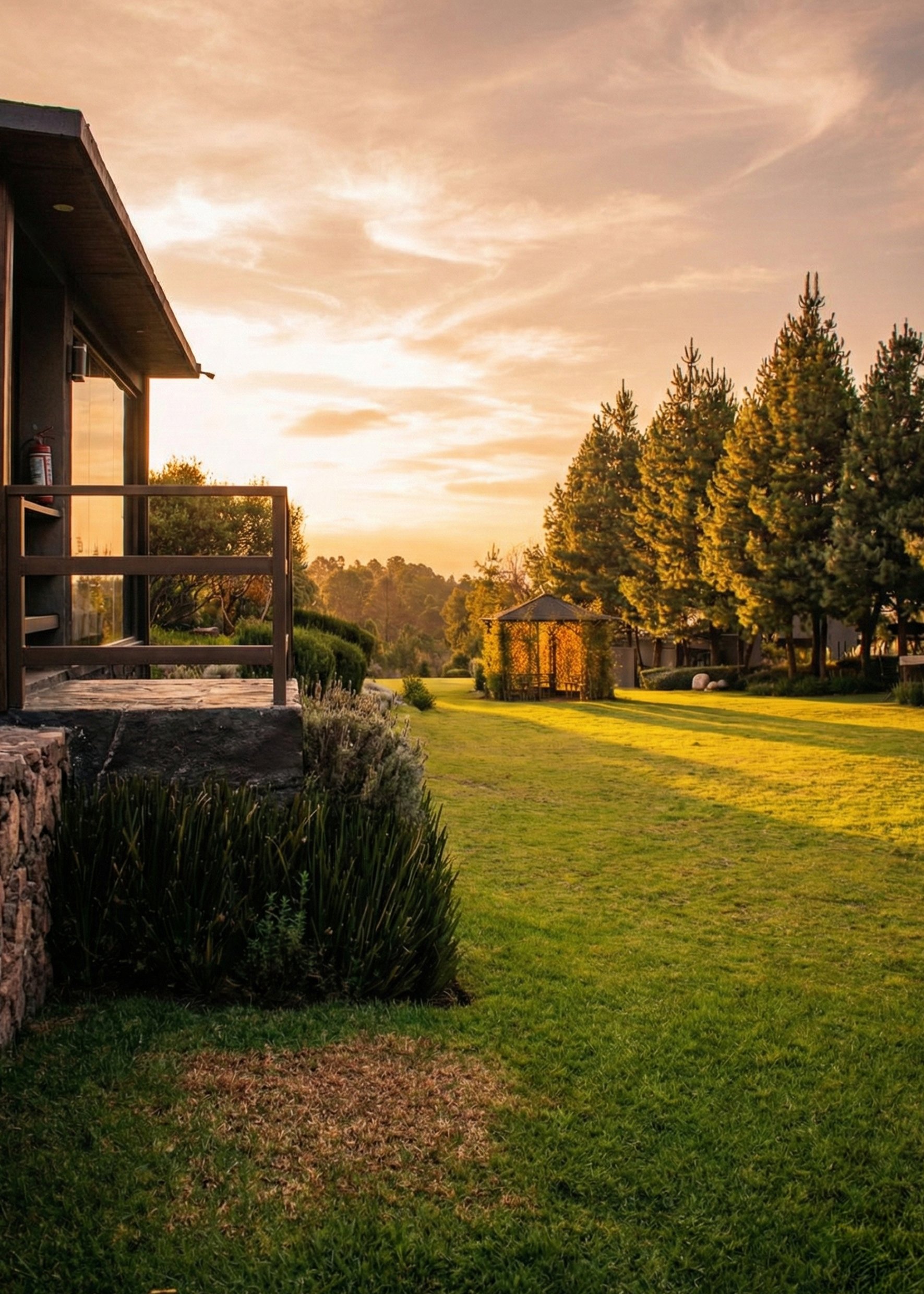 Un jardín con césped, árboles y una pérgola en el fondo, bajo un cielo con algunas nubes.