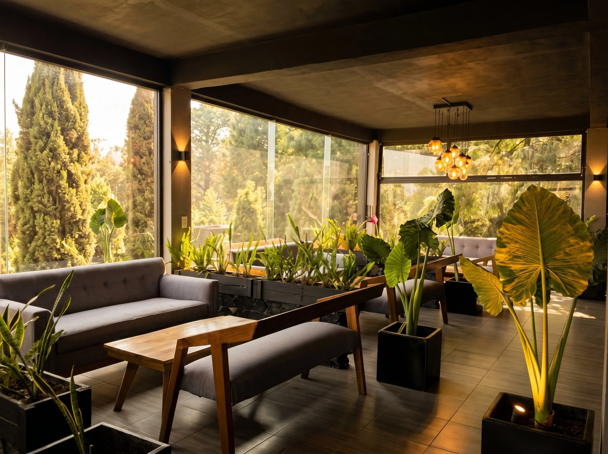 Interior de un salón con grandes ventanas de vidrio y decorado con lámparas colgantes. Hay personas, una de ellas sentada en un sillón y otra de pie, con árboles verdes visibles afuera.