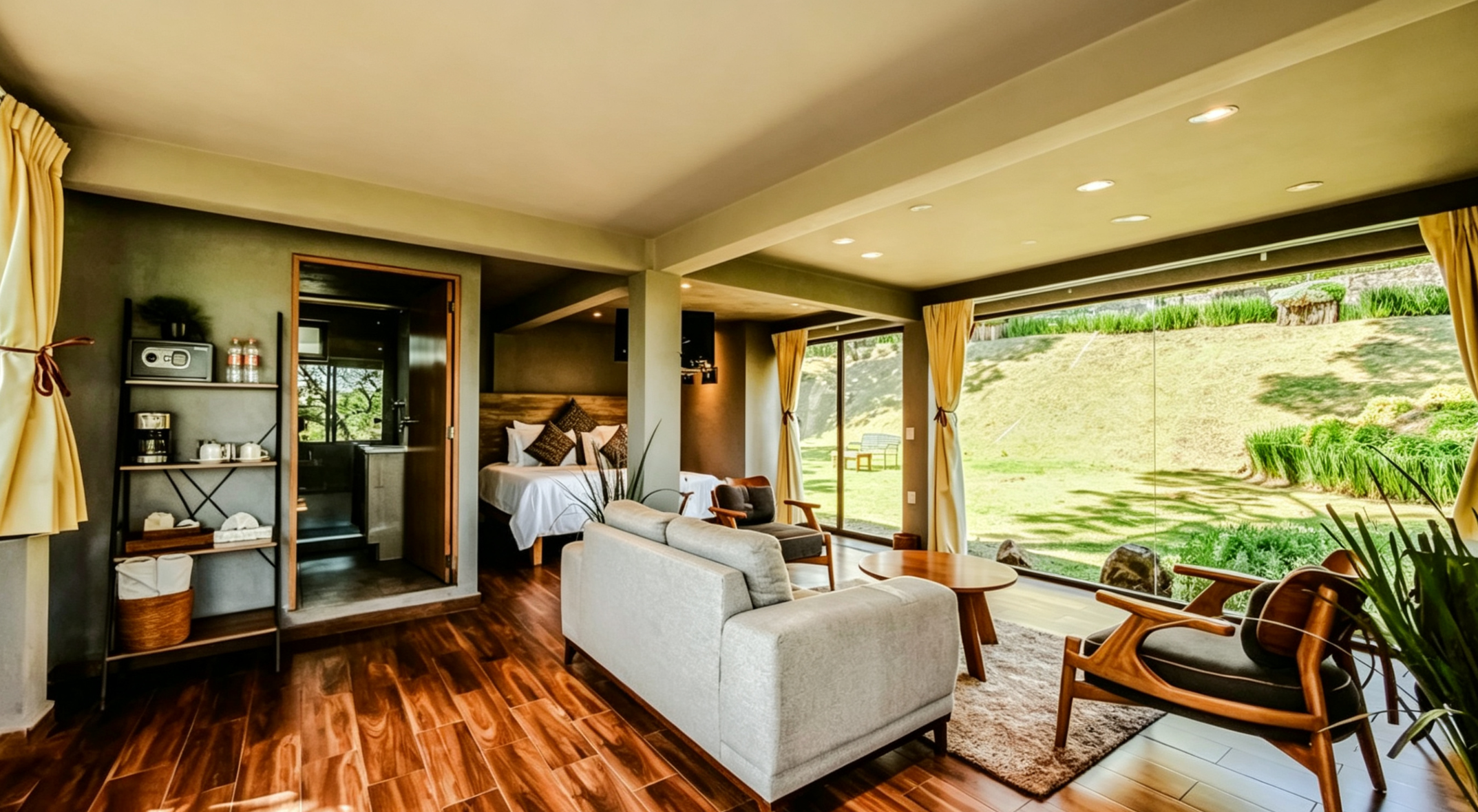 Interior de una casa con sala y habitación, vista a un jardín exterior con césped y plantas.