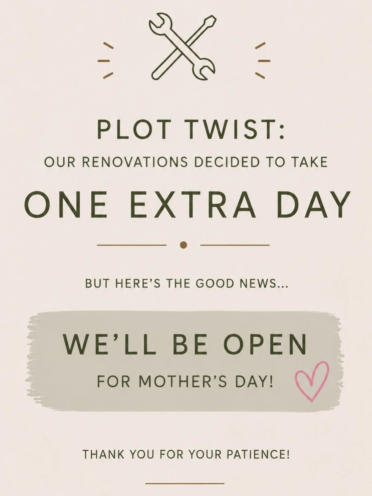 We&rsquo;re sorry we&rsquo;re taking an extra day! But we&rsquo;ll be ready for you all on Sunday. Thank you for your patience.