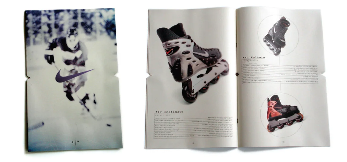 NIKE EQUIPMENT This collateral for the launch of Nike Hockey was one example of the many projects created while working in the Nike Equipment Division. Work included all aspects of brand design for the division including identity, product graphics, package design, film and video, event design and retail support. As the brand design Creative Director for the Equipment Division, I was responsible for a team of 25 designers, writers, and project managers. Our team supported many emerging businesses including Vision (sunglasses), Timing (watches), Soccer Equipment, Baseball, Bags, Socks, and Accessories.