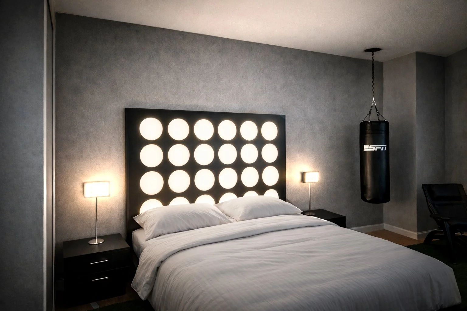 ESPN-themed hotel room with vibrant lighting.jpg