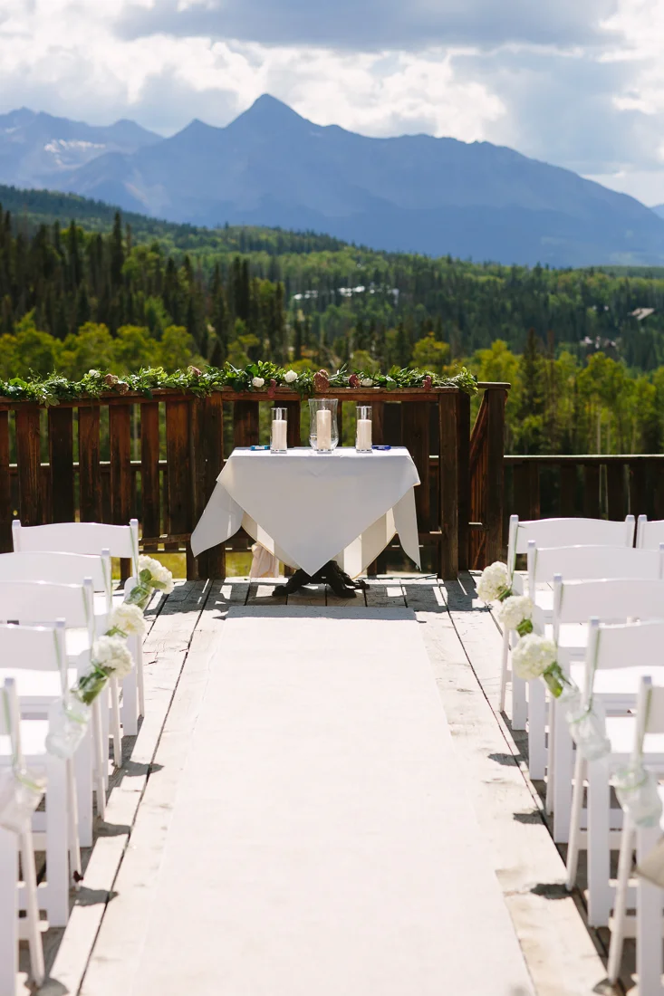 Cat Mayer Studio | http://www.catmayerstudio.com | Gorrono Ranch Wedding Photographer | Ceremony on Deck with Colorado mountain backdrop