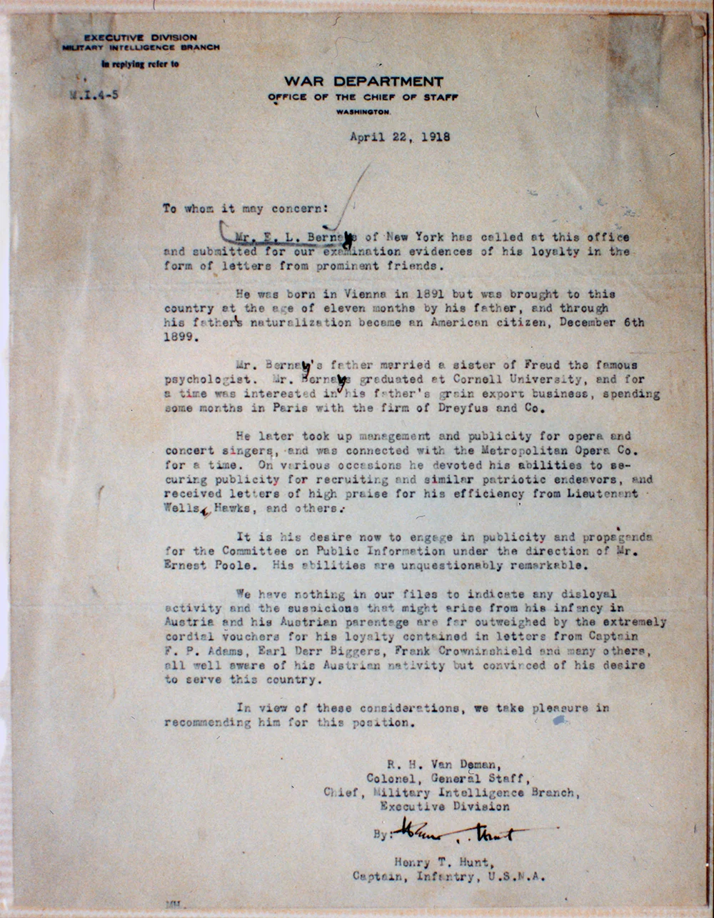 The Military Branch of the War Department clears Bernays to work for the Committee on Public Information. This letter is, in a way, an abbreviated bio of Bernays, referring both to his relationship to Sigmund Freud and his early years in the United States.
