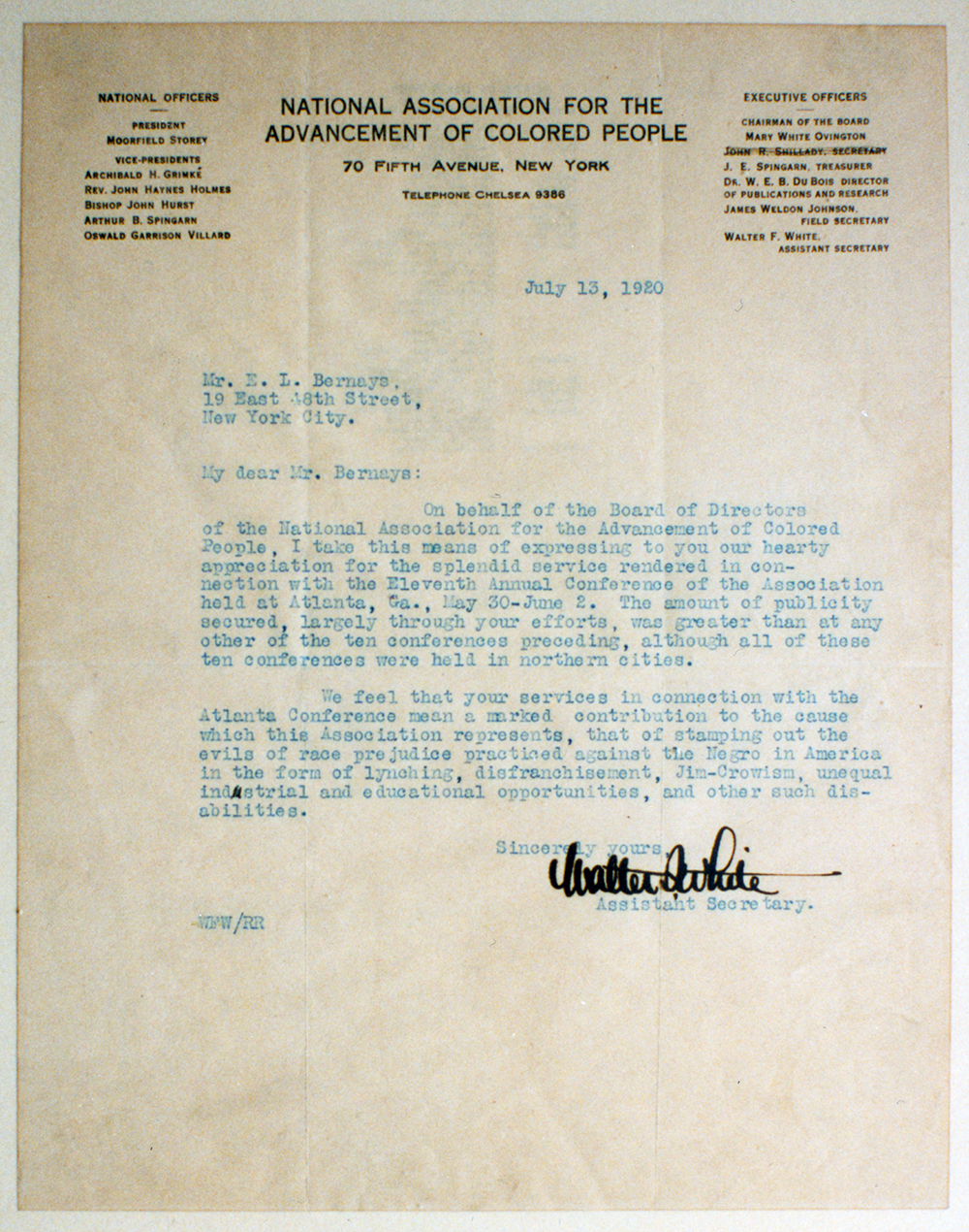 Walter F. White, assistant secretary of the NAACP expresses appreciation for Bernays’ service with connection with NAACP’s 11th annual conference in Atlanta.