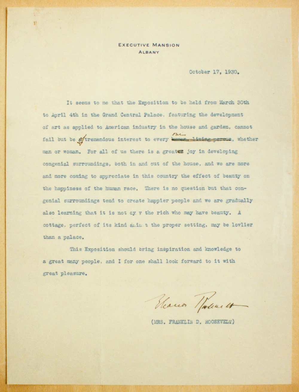 Bernays's involvement with artwork in industry on behalf of several clients leads to a communique from Eleanor Roosevelt, then First Lady of the United States on a pre-World War II platform.