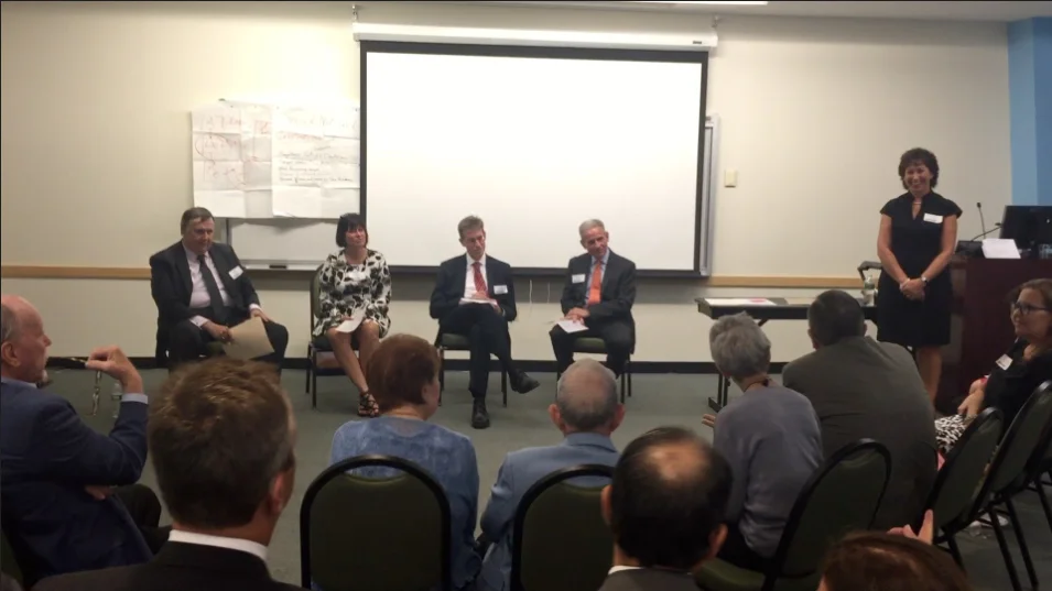 Left to right: Rich Bagin , Executive Director of the National School Public Relations Association (NSPRA); Gail Winslow , a former JJ&W colleague and now Associate Director, Strategic Growth and Business Development for UMass Medical School; Joe Brennan , VP Communications and Marketing at University of Albany–SUNY and Counselors To Higher Education/PRSA leader; Anthony D’Angelo , PRSA-President elect and professor at Syracuse University; and Stacey Smith , Senior Counsel & Partner at JJ&W and former PRSA Yankee Chapter president.
