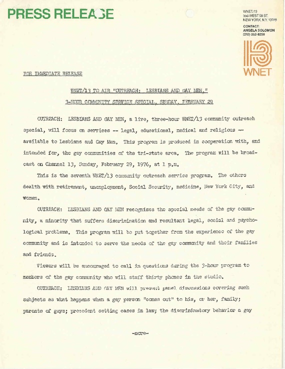 Press release for “OUTREACH: LESBIANS AND GAY MEN” (page 1)
