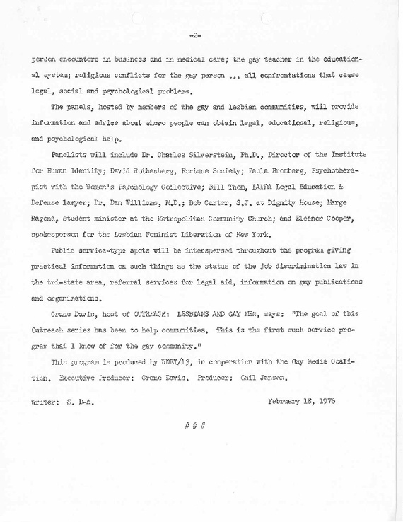 Press release for “OUTREACH: LESBIANS AND GAY MEN” (page 2)