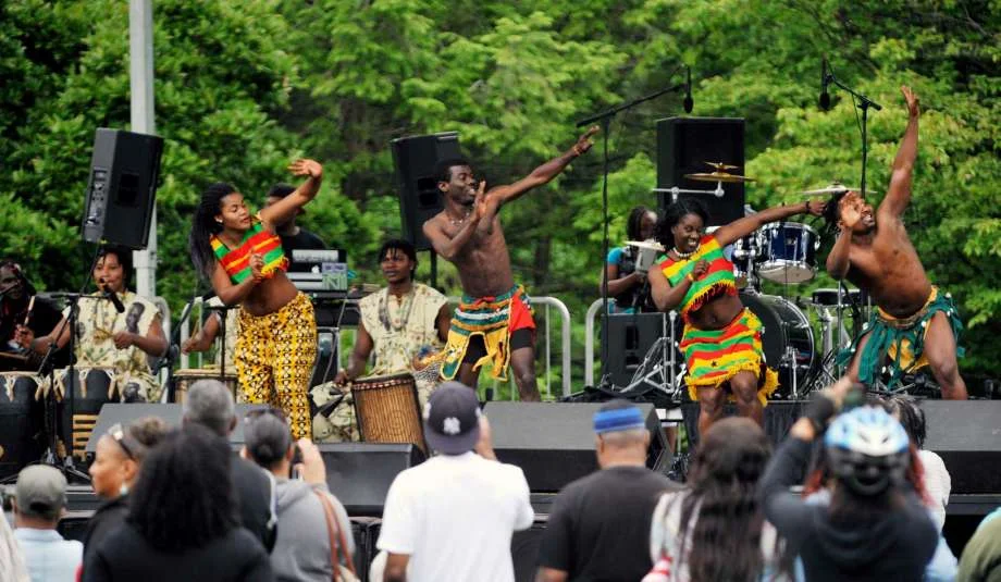 Modern Day Juneteenth Celebration: members of the Tsoloi Ensemble perform a traditional African dance at the Juneteenth celebration in Washington Photo by Times Union.