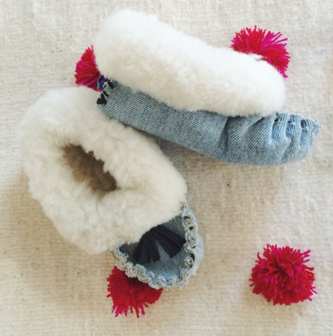 Recycled Denim Baby Slippers by Accompany  $36