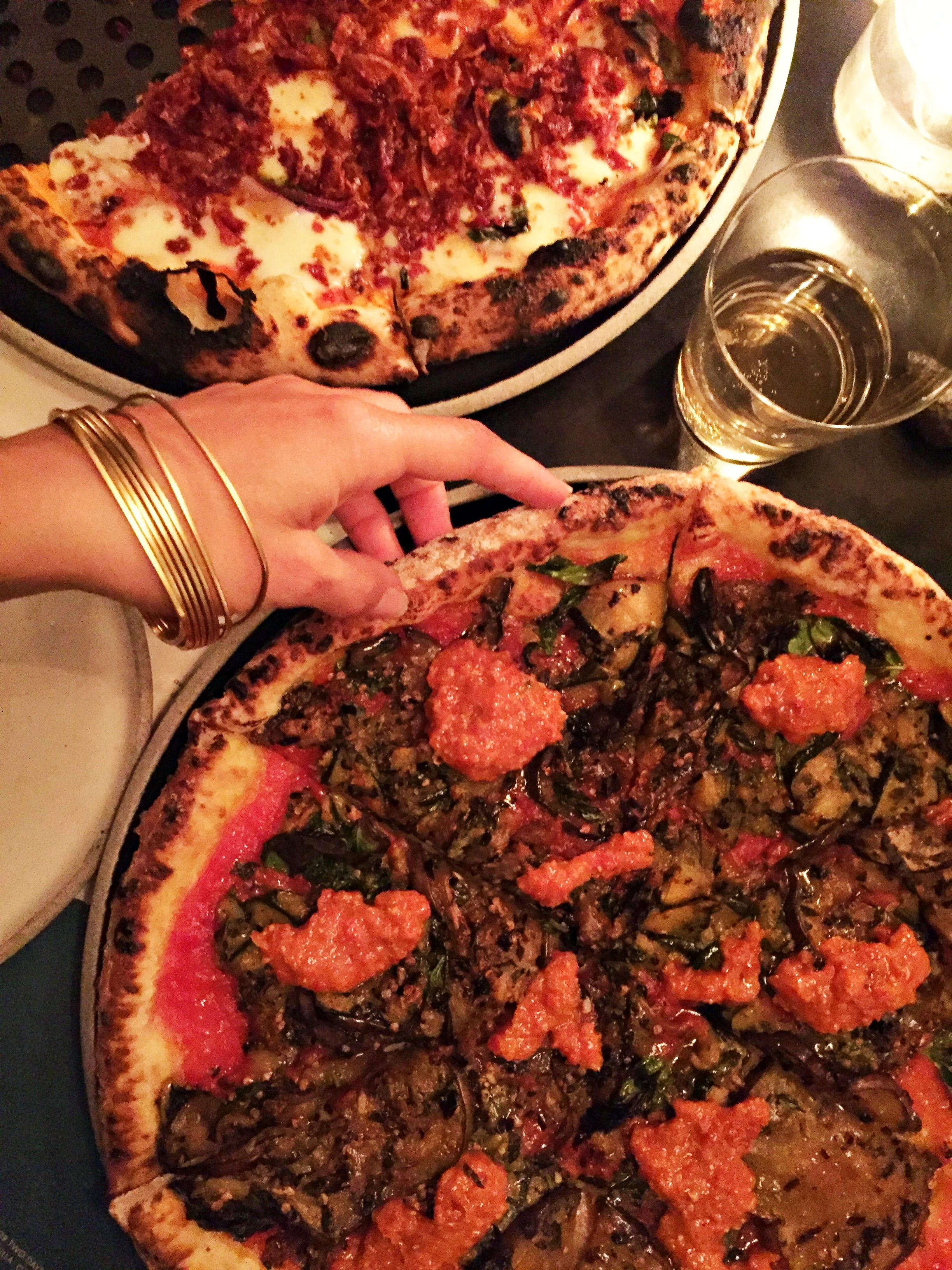 Amatriciana and Ortolana (vegan) pizza at Pizzana