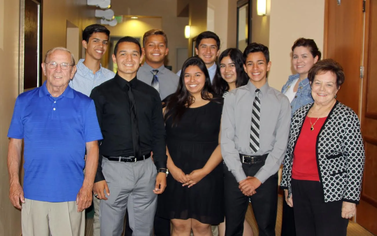 The official photo of the Optimist Club of Downey’s 2015 Oratorical Contest includes contest judge Meredith Perkins, winning students Cristian Pardo, Andrew Del Valle, Bernardo Carrillo, Alyssa Jimenez, Rafael Delatorre, Brittany Lizarraga and Daniel Pardo, Warren Humanitarian Society advisor Jackie Pardo and contest judge Beverly Mathis.