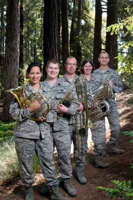 Members of Golden West Brass: Technical Sgt. Charlene Mayes, Airman First Class Nicholas Ciardelli, Technical Sgt. Scott Ruedger, Staff Sgt. Jill Corbett, and Airman First Class Stephen Denison.