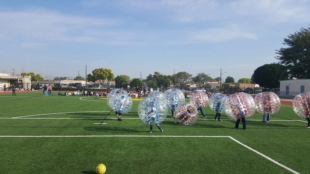 Jackson Middle School students compete in a game of Bubble Soccer, one of the fundraising incentives for students during Paramount Unified School District’s inaugural March Madness fundraiser