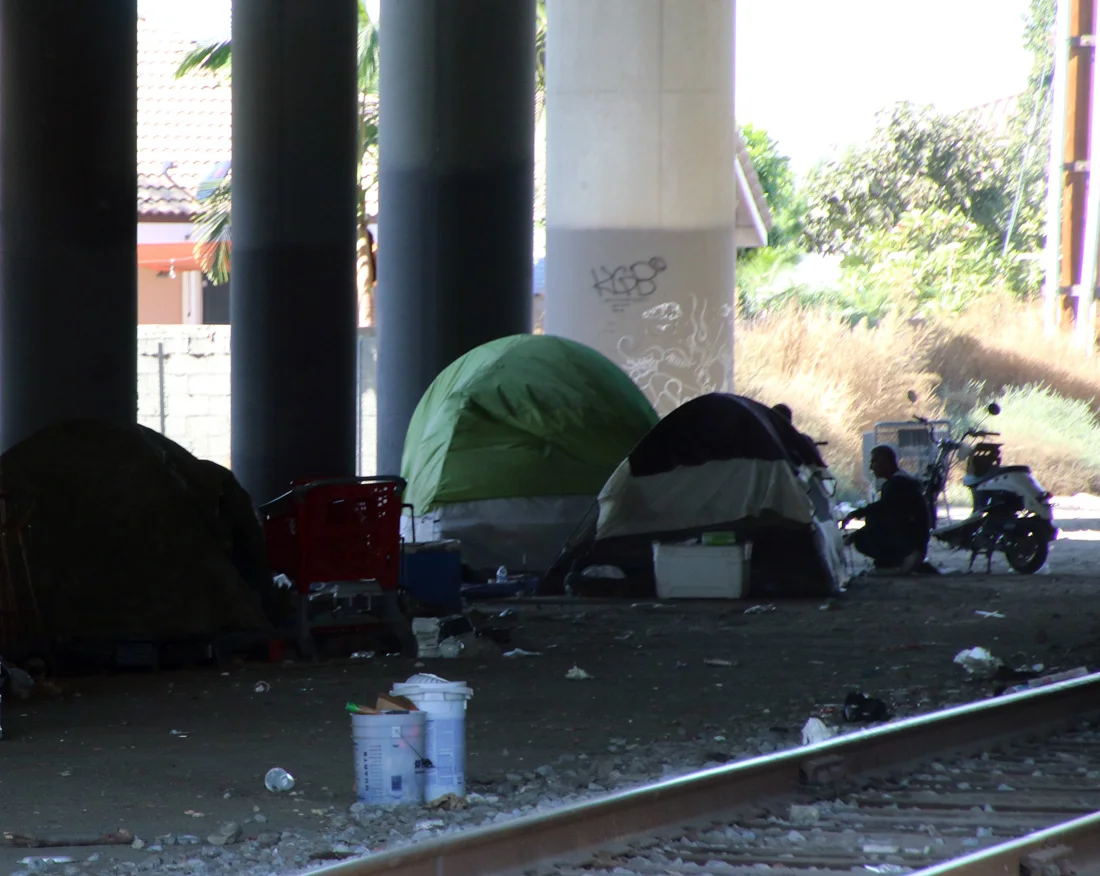 A homeless encampment under the 605 Freeway in Norwalk. Photo by Alex Dominguez