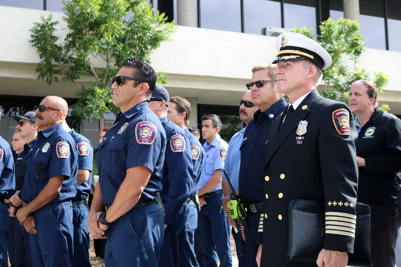Downey firefighters pay their respects at a 9/11 ceremony Tuesday. Photo by Alex Dominguez