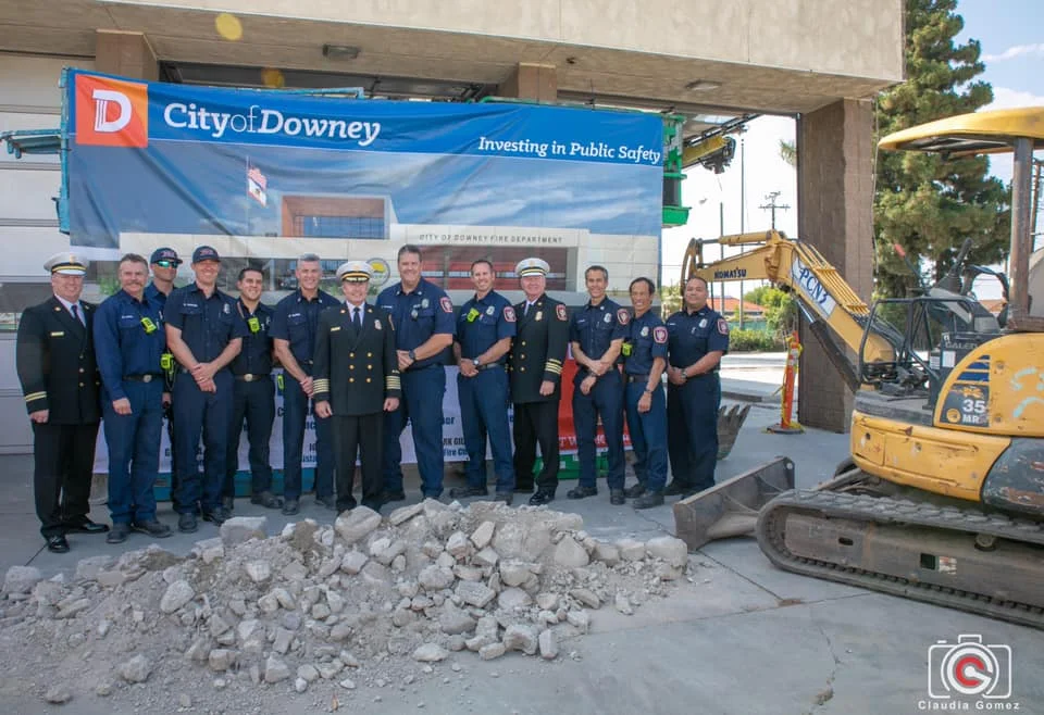 PHOTO BY CLAUDIA GOMEZ Downey firefighters at a groundbreaking ceremony this week at Fire Station No. 3.