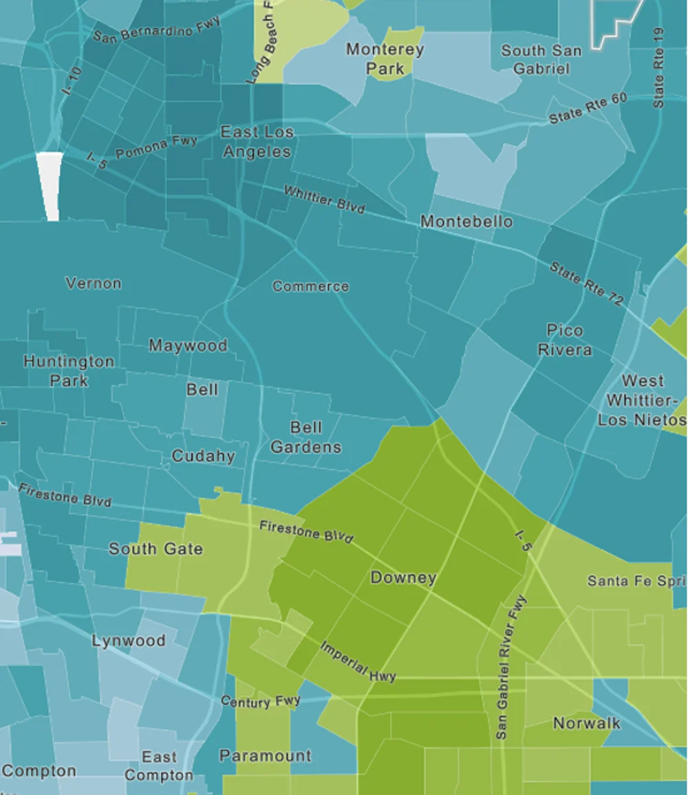 Division between “Persons of Spanish Origin” and “White, not of Spanish Origin,” which were the census categories used in 1980 to differentiate between what we would today think of as Latino/a/x and non-Latino/a/x, respectively. Like the last map, green signals a white demographic majority, with darker green meaning a larger majority. Note the spread of blue in most southeast Los Angeles suburbs. Map created using Social Explorer using census data.