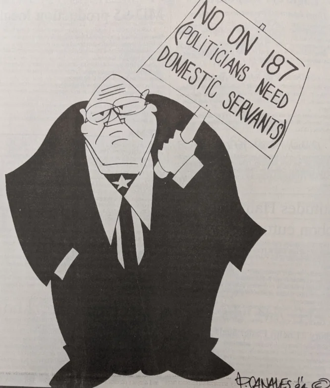 In Downey, there were few public supporters of the undocumented immigrants. This political cartoon from the Downey Eagle jokes that some supporters did exist, albeit for less-compassionate reasons. Courtesy of the Downey Historical Society.