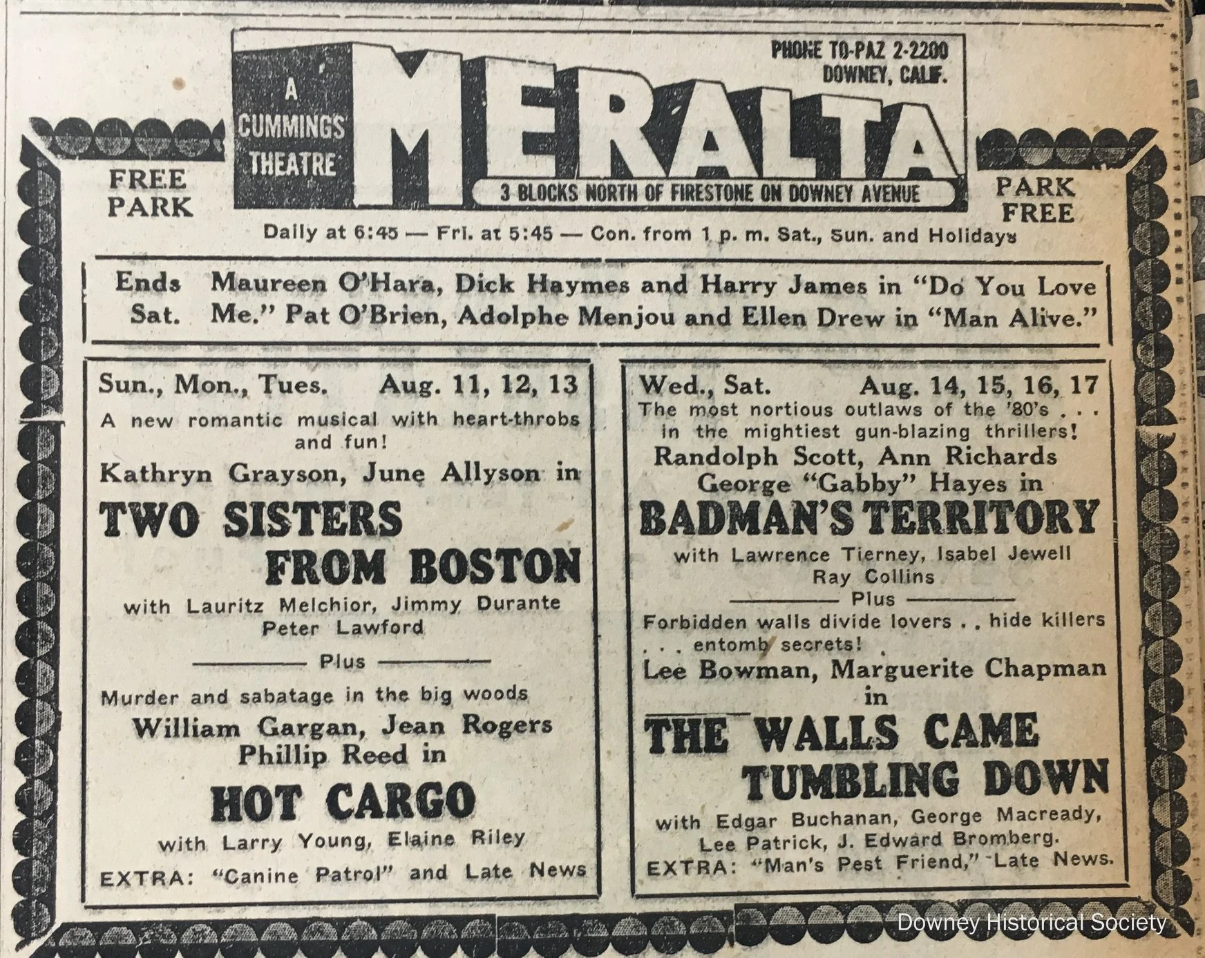 An advertisement for the Meralta Theatre that appeared in the Downey Live-Wire in 1946.