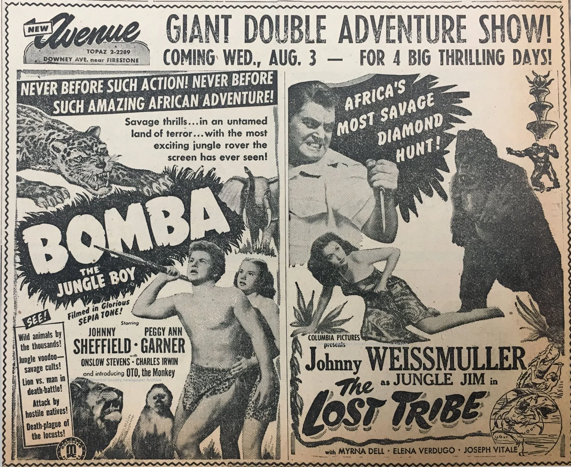 An advertisement for the Downey Theatre from August 1949. Photo courtesy Downey Historical Society.