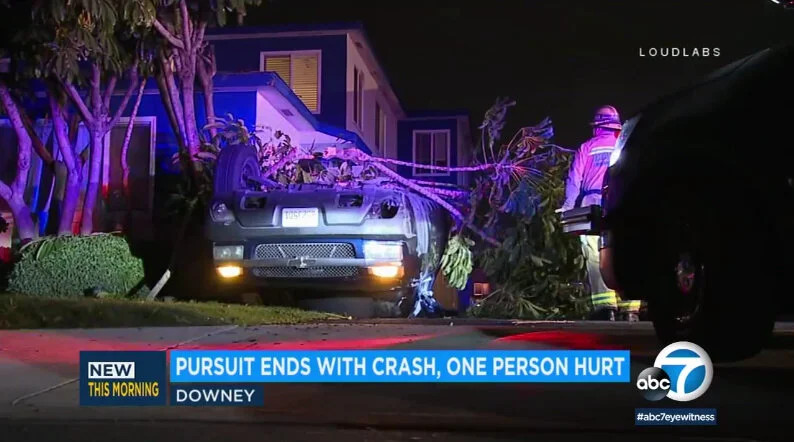 Police pursuit ends with crash into Downey home