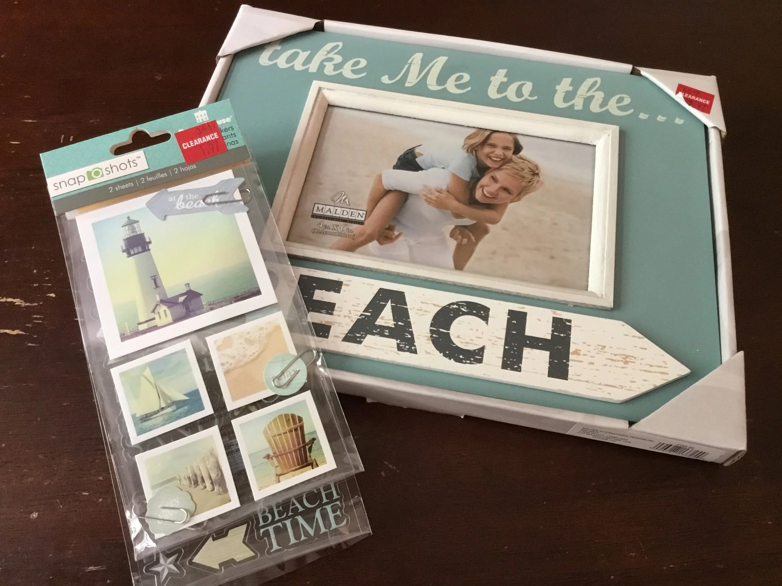 To celebrate our summer vacation to Myrtle Beach, I found a "take me to the beach" frame by Malden International and some beach themed scrapbooking embellishments by Paper House Productions