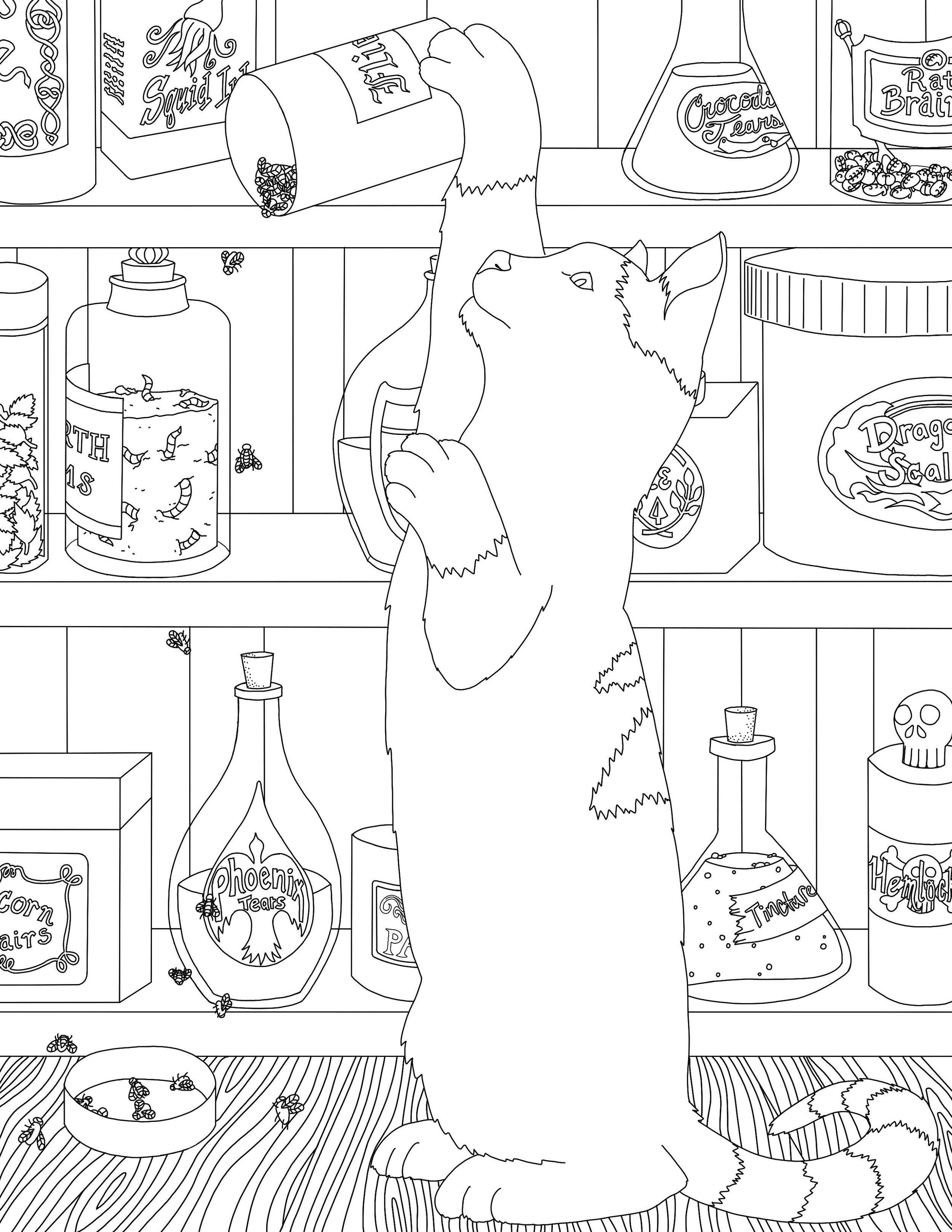  This frisky kitty is making a mess in the potions cabinet! Part of the  Magic Cats  coloring page set. 