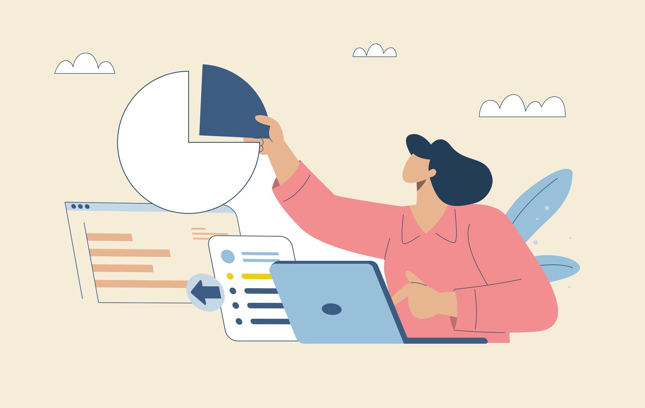 Illustration of a healthcare professional at a laptop lifting one slice from a pie chart, representing a fractional infection preventionist role