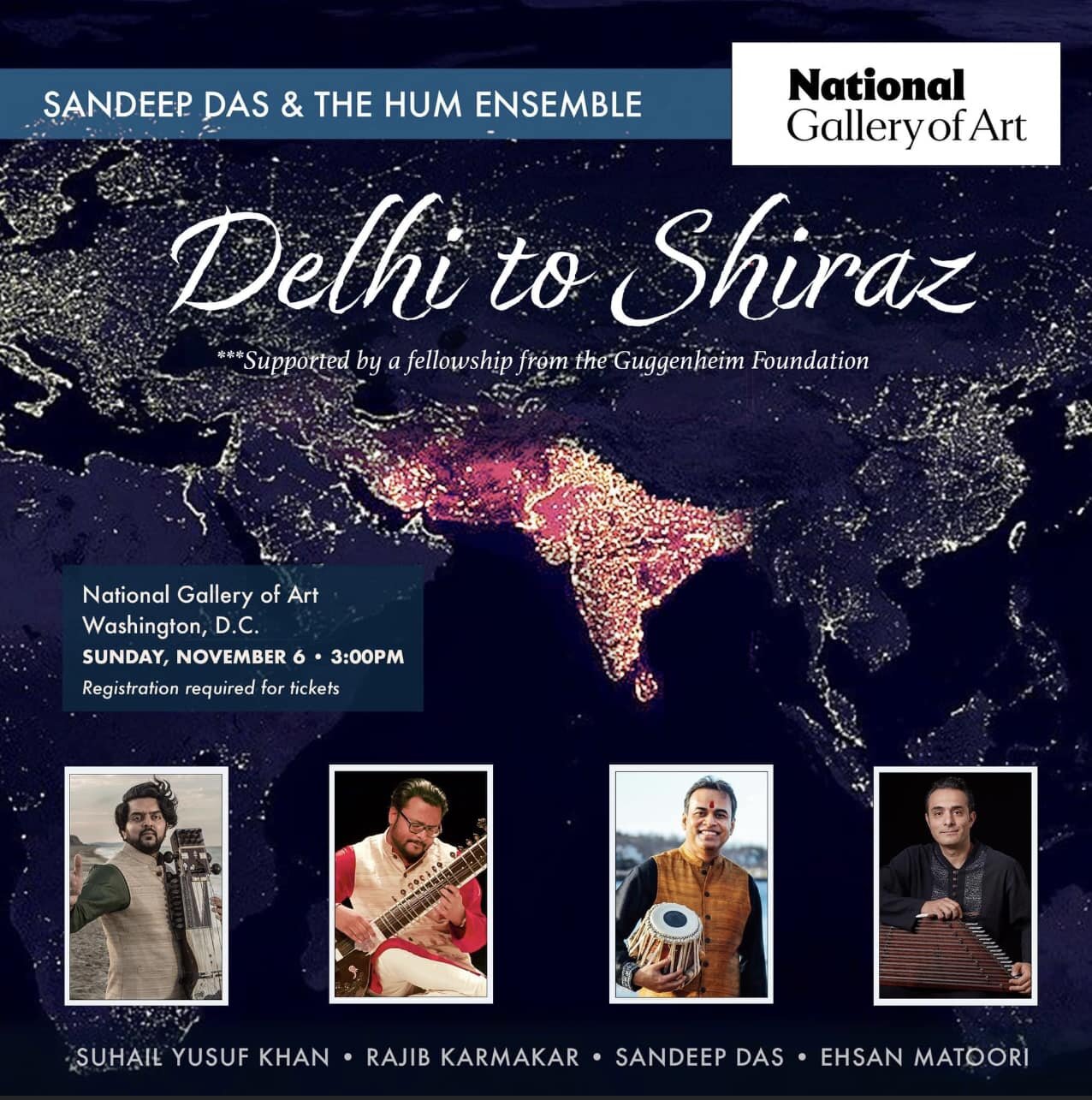 Traveling to Washington D.C. for concert at National Gallery of Art with Official: Sandeep Das, Ehsan Matoori and Suhail Yusuf Khan. 
Looking forward to seeing you all !!!