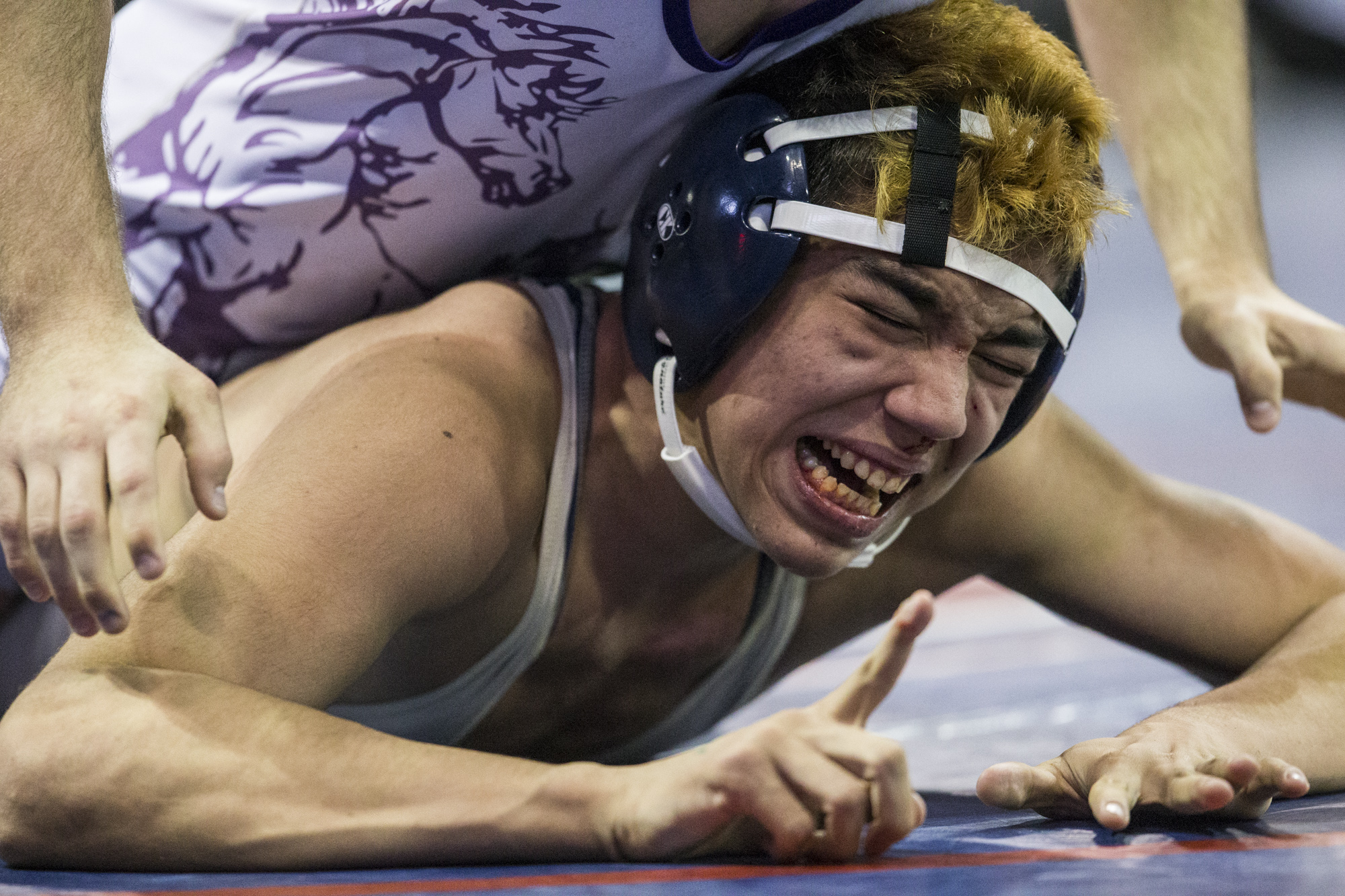 Casteel's Andrew Valle wrestles Sunrise Mountain's Dillon Greene (not pictured) during the boys wrestling championship on Saturday, Feb. 9, 2019, at Prescott Valley Event Center in Prescott Valley, Ariz.