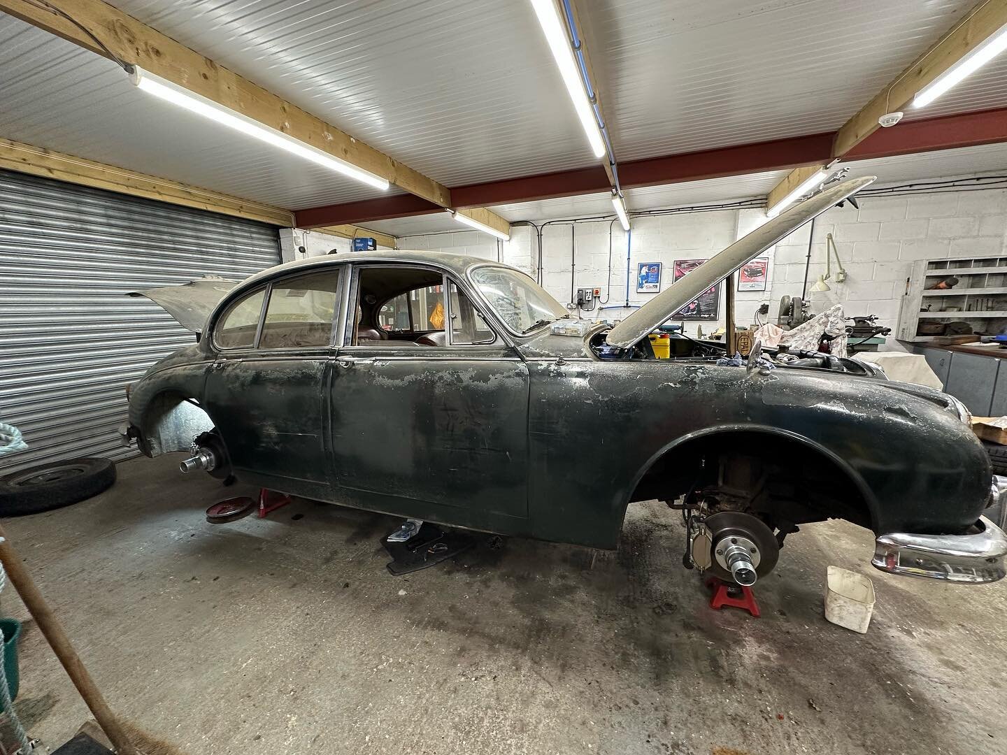 A gorgeous MK2 Jaguar nearing the end of a  gentle recommissioning after some years stored away. We have overhauled the brakes and fuel system amongst other works. #driveittoday #villagegarage #mk2jags #classicjaguar #funstuff #putatigerinyourtank