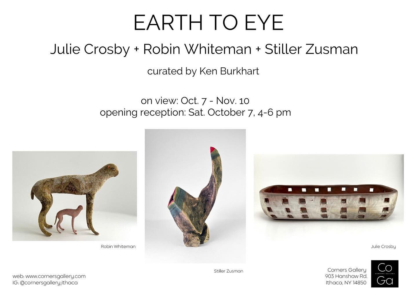 Tonight is the opening for Earth to Eye at Corners Gallery in Ithaca. I&rsquo;m excited to be showing some of my select wood fired pieces alongside the work of Robin Whiteman @robinwhiteman and Stiller Zusman @abovoagogo 
Curated by Ken Burkhart @ken