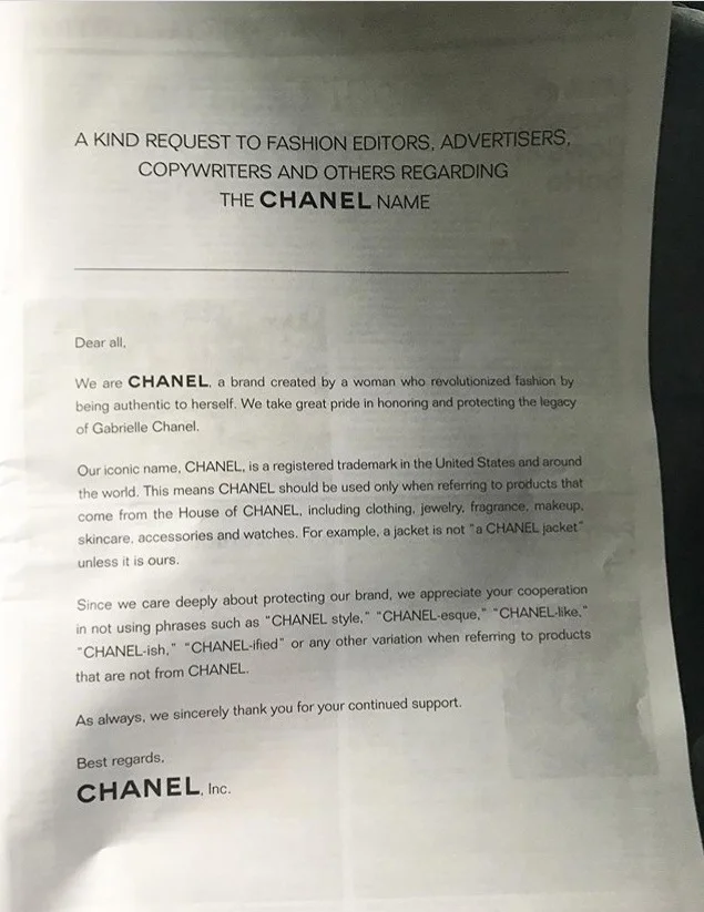 An ad placed by Chanel in Women’s Wear Daily, asking content creators to help protect the brand name.