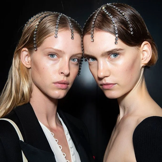 The headpieces seen at Khaite SS20 were inspired by Catherine Holstein’s memories of playing with her grandmother’s necklaces.
