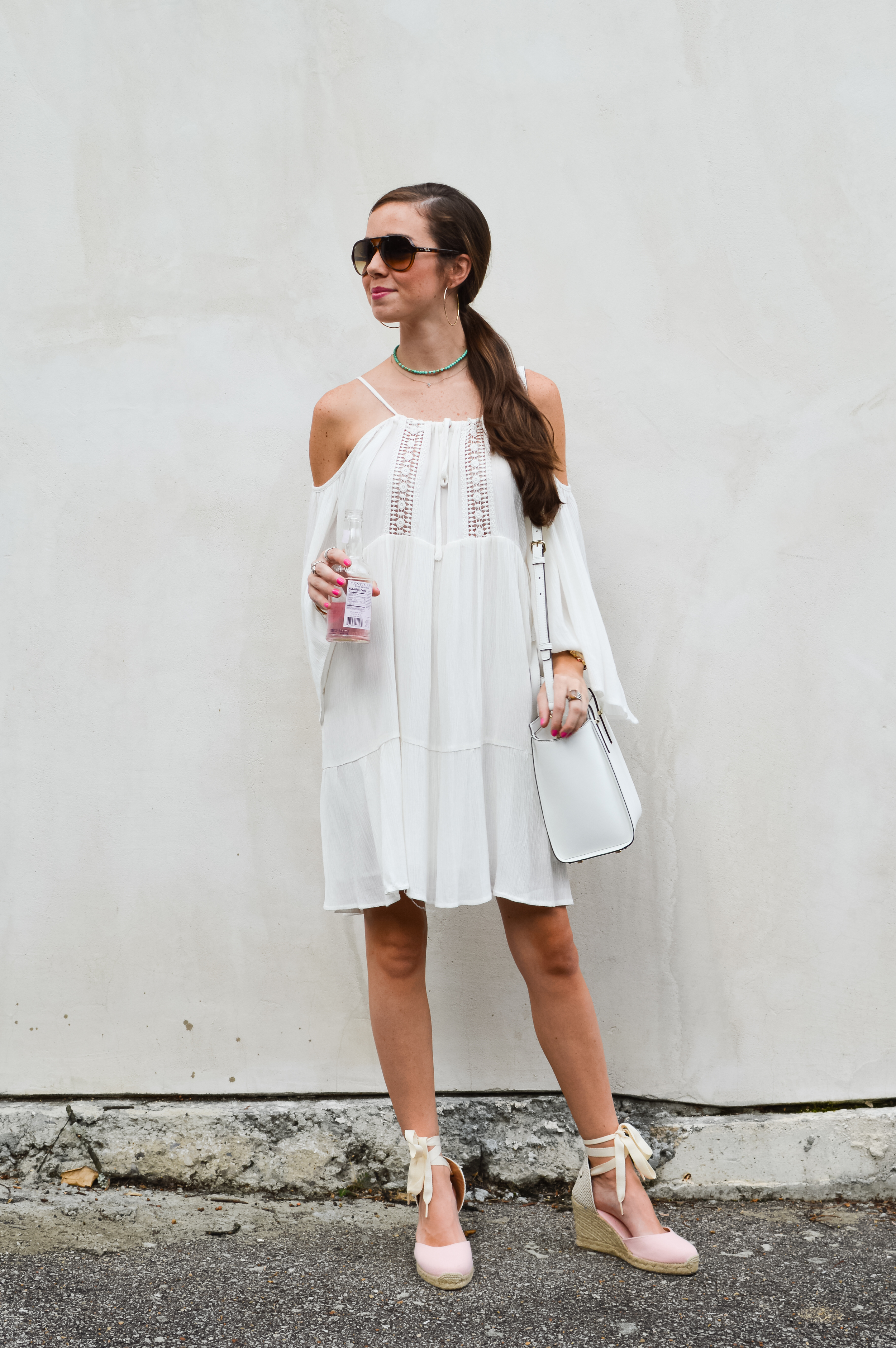 White Dress + Pink Lace Up Espadrilles 