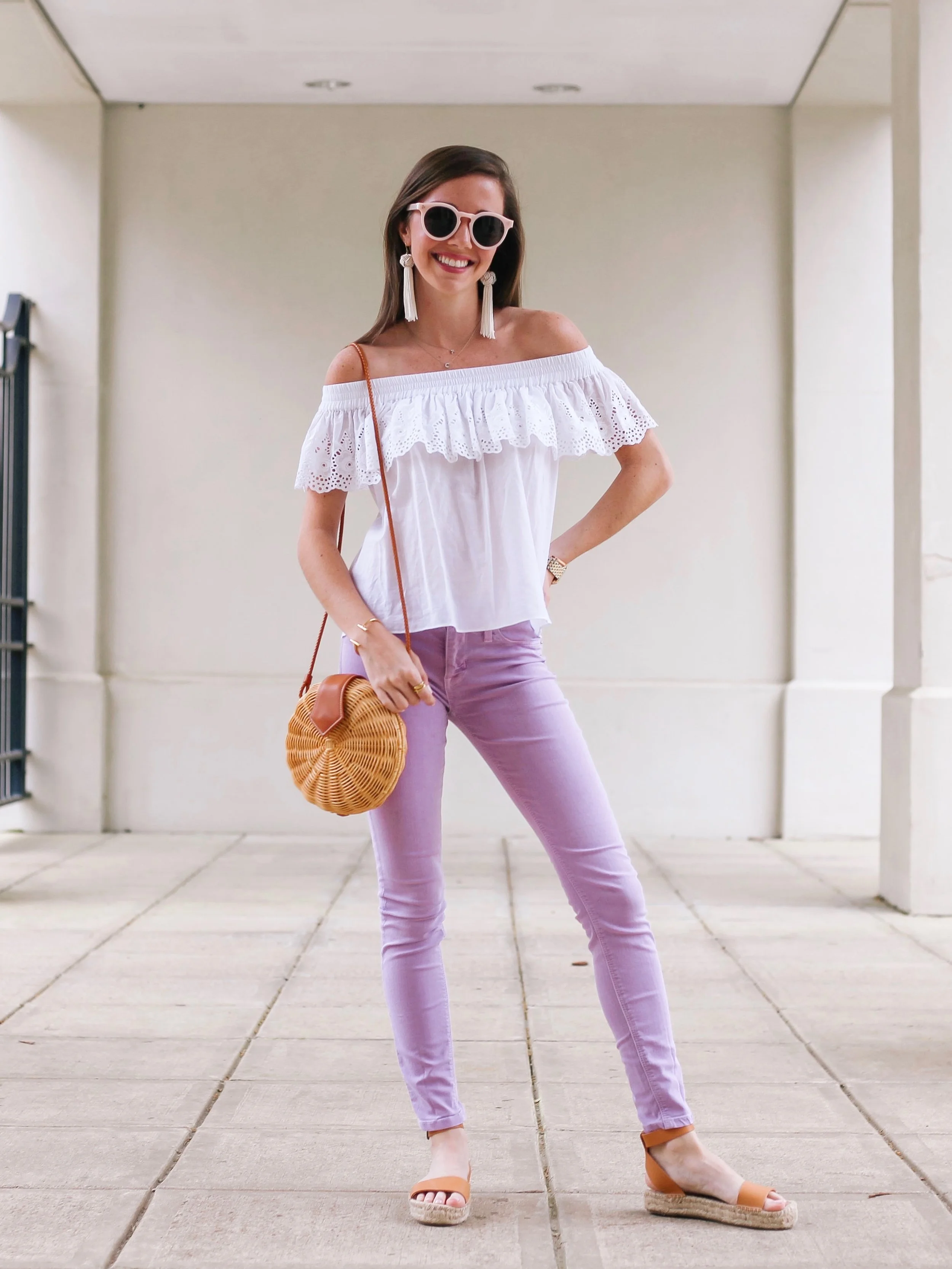 lilac jeans outfit