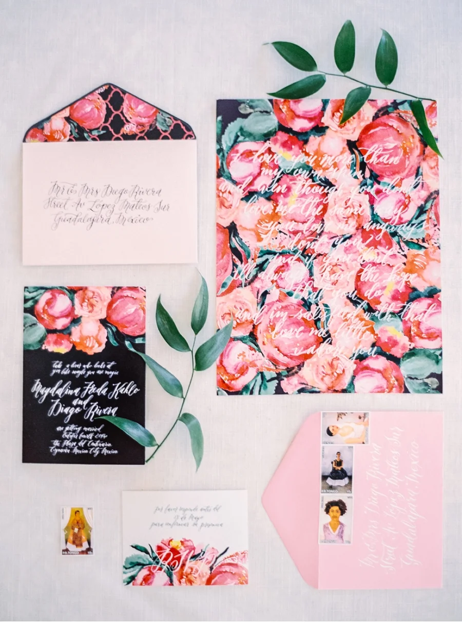 1. Explosive colour paired with sophisticated styling -- a perfect look for spring or summer weddings, all inspired by the artist Frida Kahlo. More from this shoot here with photos by Justine Milton and calligraphy by Casa Deller Designs .