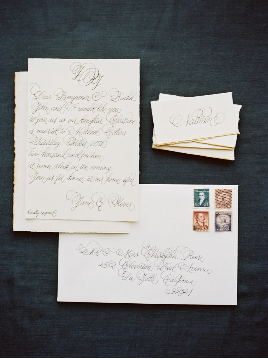 7. A formal look with historical nuances suited to the private estate shoot this invite was styled for which can be viewed here . Calligraphy by Design House of Moira with photography by Marcie Meredith Photography . 