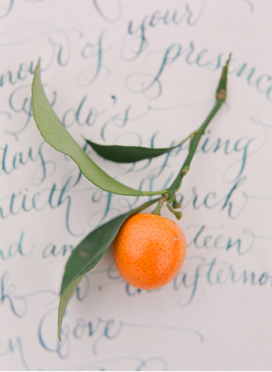22. Great complimentary colour scheme for these paper goods and decor. Calligraphy by Laura Lavender and photography by Adrian Michael Photography . View the full citrus-inspired feature here.