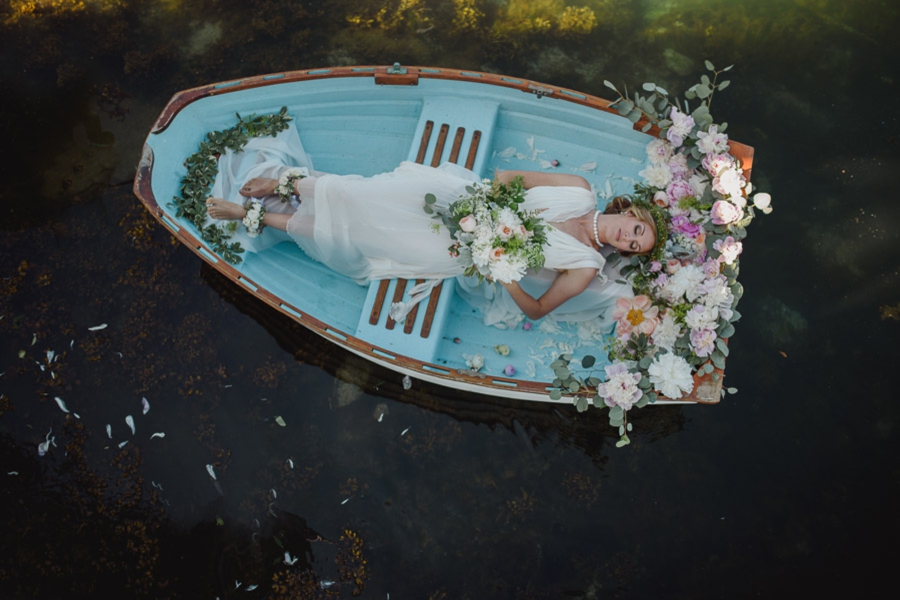 Bride-in-floral-decorated-boat