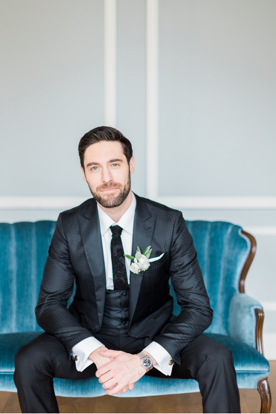 Groom-with-Teal-Settee