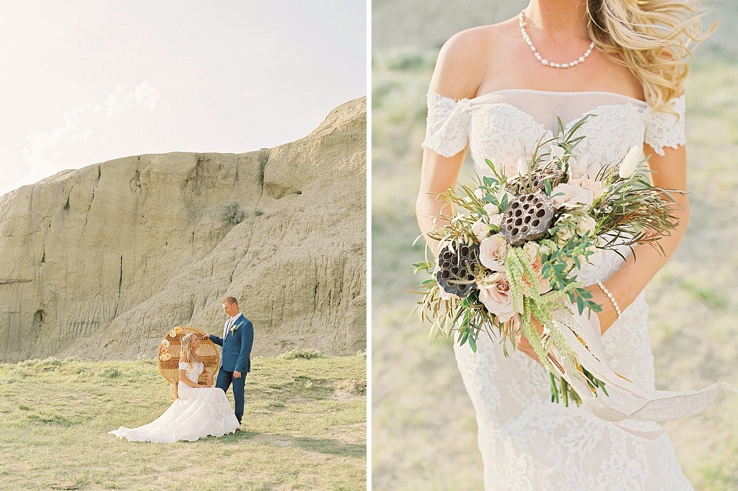   From the photographer:  “Our local florist put together the beautiful bouquet and boutonniere with lots of textures to compliment the location. Wrapping the boutonniere in leather adding to the natural, raw element. Wanting to include something ext