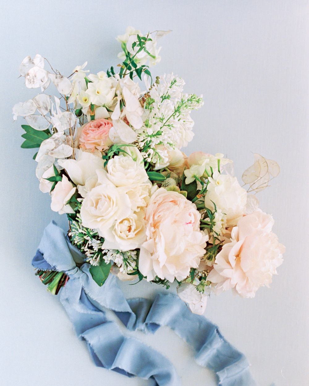 Peony Bridal Bouquet with Blue Ribbon