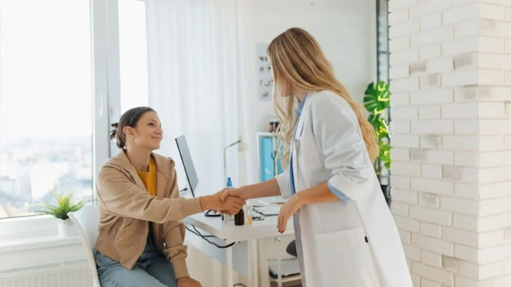 A woman in a beige jacket shaking hands with a female doctor in a white coat in a medical office.